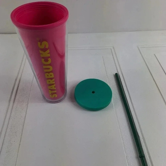 Starbucks 2014 Pink and Green top and Straw with Yellow Starbucks Letters 24 Oz. - Picture 2 of 8